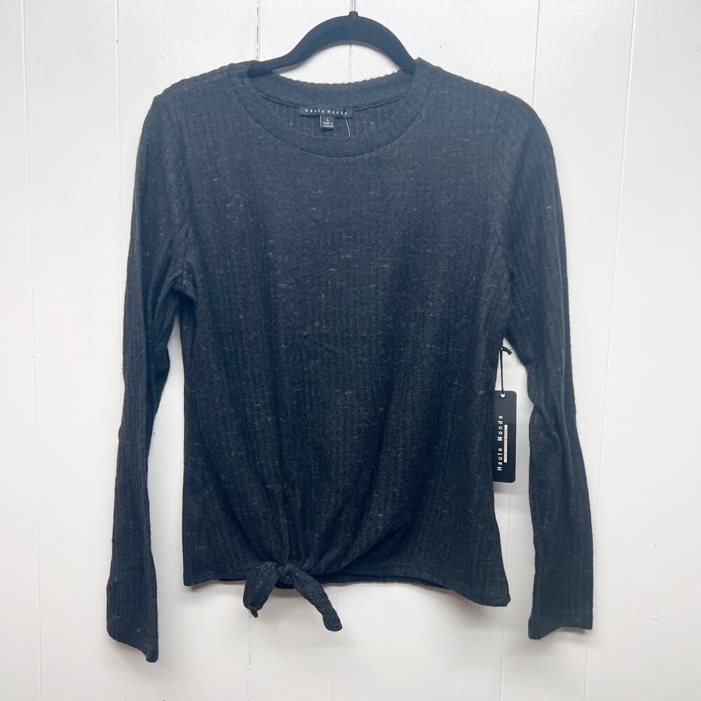 Haute Monde Speckled Front Knot Women's Long Sleeve Black Sweater Juniors Large